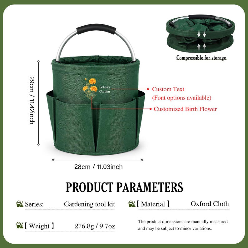 Puede incluir: Una bolsa de jardiner&iacute;a cil&iacute;ndrica de color verde oscuro con asa de metal plateado y agarre negro. Cuenta con bolsillos exteriores, un gr&aacute;fico de cal&eacute;ndula impreso y el texto Selina's Garden. Mide 29 cm de alto y 28 cm de ancho.