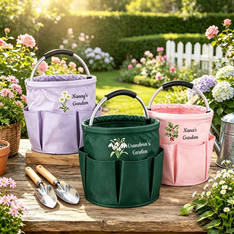Puede incluir: Tres bolsas de jard&iacute;n redondas de tela en lavanda, verde oscuro y rosa claro, cada una con asa de metal y bolsillos exteriores. Las bolsas presentan ilustraciones florales y el texto Nanny's Garden, Grandma's Garden y Nana's Garden.