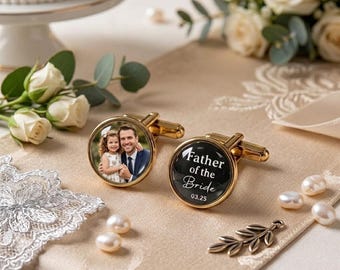 Gemelos personalizados con foto para bodas: regalo personalizado para el padre de la novia y el novio.