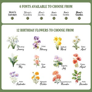 Puede incluir: Un gr&aacute;fico que muestra 6 opciones de fuentes etiquetadas de F1 a F6 con el texto Mom's Garden, y 12 ilustraciones en acuarela de flores de cumplea&ntilde;os clasificadas por mes, desde enero Campanilla hasta diciembre Acebo.