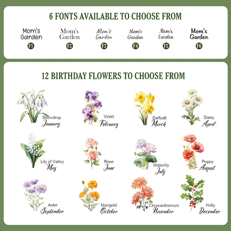Puede incluir: Un gr&aacute;fico que muestra 6 opciones de fuentes etiquetadas de F1 a F6 con el texto Mom's Garden, y 12 ilustraciones en acuarela de flores de cumplea&ntilde;os clasificadas por mes, desde enero Campanilla hasta diciembre Acebo.