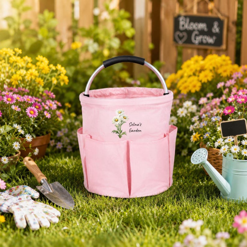 Puede incluir: Una bolsa de jard&iacute;n de tela rosa claro con un asa plateada y negra. La bolsa cuenta con m&uacute;ltiples bolsillos exteriores y un gr&aacute;fico impreso de flores de margarita blancas con el texto Selina's Garden en el panel frontal.