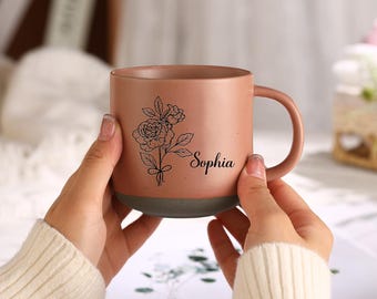 Personalized Birth Flower Coffee Mug, Custom Floral Name Gift