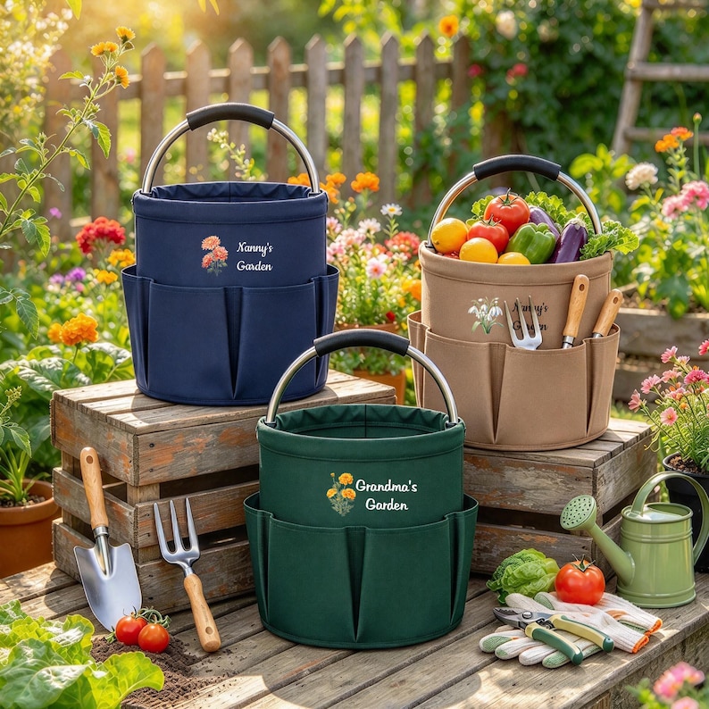 Puede incluir: Tres bolsas cil&iacute;ndricas para herramientas de jard&iacute;n en azul marino, verde oscuro y beige, cada una con asa de metal y bolsillos exteriores. Las bolsas incluyen gr&aacute;ficos florales y el texto Nanny's Garden y Grandma's Garden.