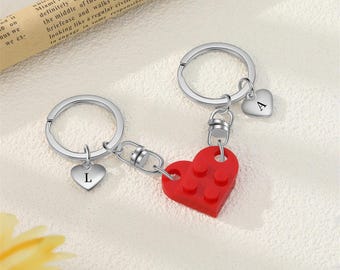 Personalized Initial Heart Keychain Set, Matching Couple Keyrings