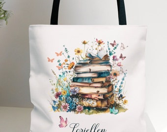 Personalize Book Tote Bag, Books & Blooms Tote Bag, Birthday Gift, Gift For Teacher, Good Day To Read Tote, Mother's Day Gift