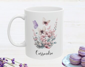 Personalize Floral Mug, Lavender Bouquet & Butterflies Cup, Mother's Day Gift, Watercolor Floral Coffee Mug, Personalize Floral Tea Cup