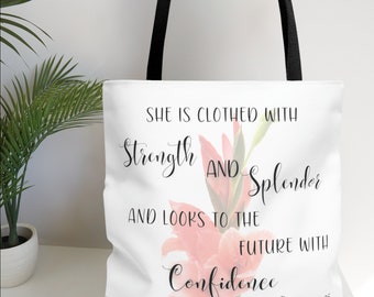 Custom Christian Tote Bag, Inspirational Tote Bag, Birthday Gift, Gift For Teacher, Scripture 31:25, Mother's Day Gift, Bible Book Bag