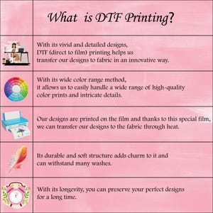 May include: A pink infographic titled "What is DTF Printing?" explains the process. It includes a woman at a computer, a color wheel, a printer, a feather, and a clock, detailing the benefits of DTF printing.