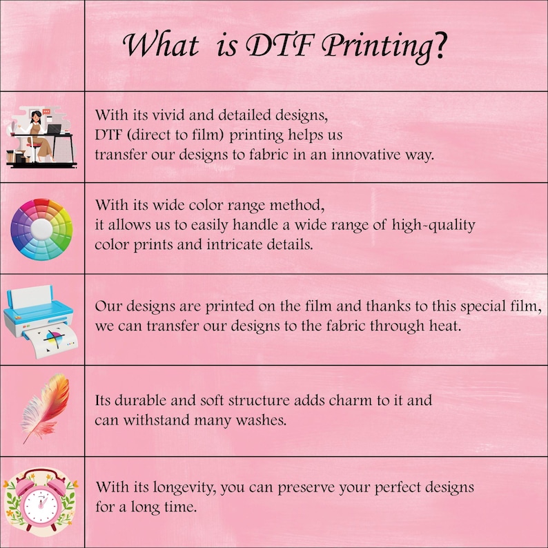 May include: A pink infographic titled "What is DTF Printing?" explains the process. It includes a woman at a computer, a color wheel, a printer, a feather, and a clock, detailing the benefits of DTF printing.