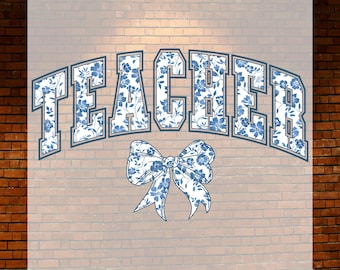 Blue Chinoiserie Teacher DTF Transfer: Floral Print, Ready to Press