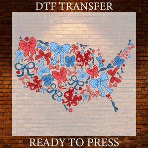 Coquette America USA Map DTF Transfer: Patriotic Bows, Ready to Press
