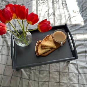 Wooden Breakfast Bed Tray with Foldable Legs – Handmade Birch Serving Table for Coffee, Laptop, Food – Multi-Purpose Lap Desk for Sofa