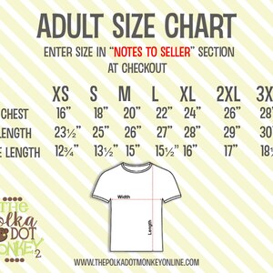 May include: Adult size chart for t-shirts with measurements in inches for chest, length, and sleeve length. Sizes include XS, S, M, L, XL, 2XL, and 3XL.