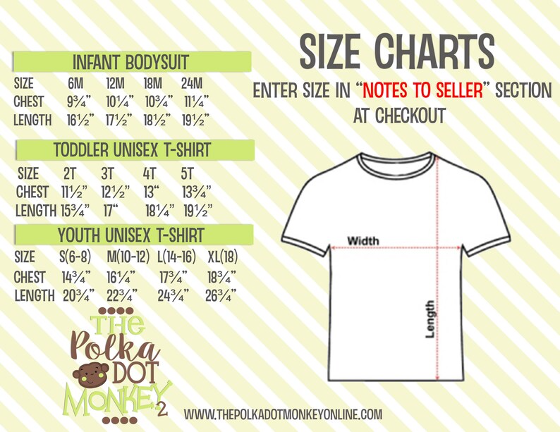 May include: Size chart for infant bodysuits, toddler unisex t-shirts, and youth unisex t-shirts. The chart shows chest and length measurements in inches for each size.