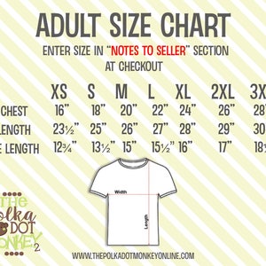 May include: Adult size chart for t-shirts with measurements in inches for chest, length, and sleeve length. Sizes include XS, S, M, L, XL, 2XL, and 3XL.