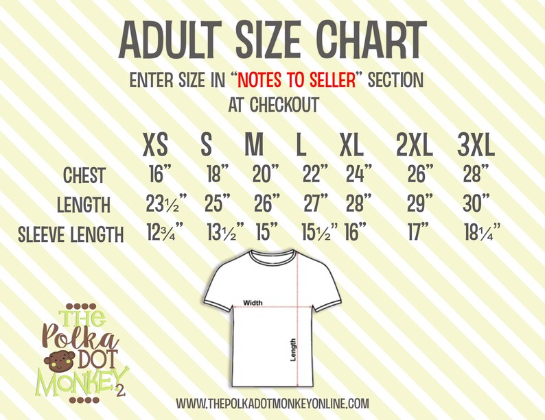 May include: Adult size chart for t-shirts with measurements in inches for chest, length, and sleeve length. Sizes include XS, S, M, L, XL, 2XL, and 3XL.