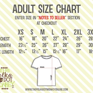 May include: Adult size chart for t-shirts with measurements in inches for chest, length, and sleeve length. Sizes include XS, S, M, L, XL, 2XL, and 3XL.