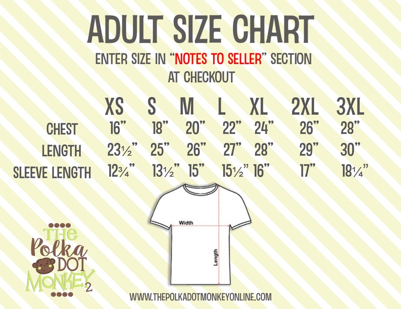 May include: Adult size chart for t-shirts with measurements in inches for chest, length, and sleeve length. Sizes include XS, S, M, L, XL, 2XL, and 3XL.