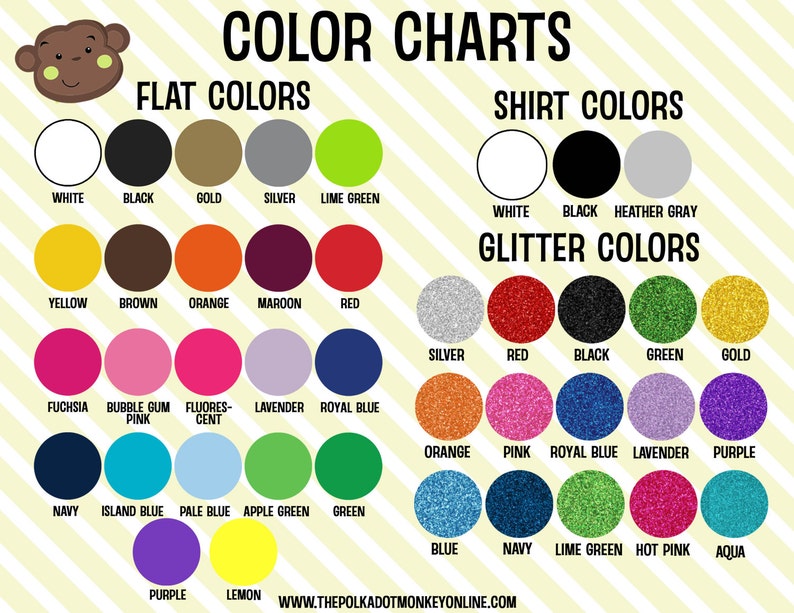 May include: Color chart with a monkey illustration at the top. The chart shows different colors for flat colors, shirt colors, and glitter colors. The colors are displayed in circles with the color name written below each circle.