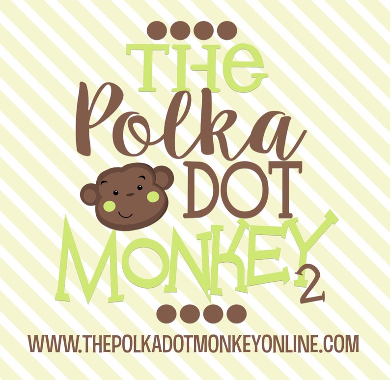 May include: A brown monkey face with green polka dots and a brown smile. The text "THE Polka DOT MONKEY" is in green and brown letters with brown polka dots above and below the text. The website address "www.thepolkadotmonkeyonline.com" is below the text.