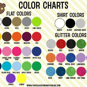 May include: Color chart with a monkey illustration at the top. The chart shows flat colors, shirt colors, and glitter colors. The colors are arranged in rows and columns with the color name listed below each color swatch.