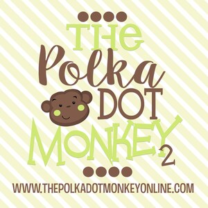 May include: A brown monkey face with green polka dots and a brown smile. The text "THE Polka DOT MONKEY" is in green and brown letters with brown polka dots above and below the text. The website address "www.thepolkadotmonkeyonline.com" is below the text.