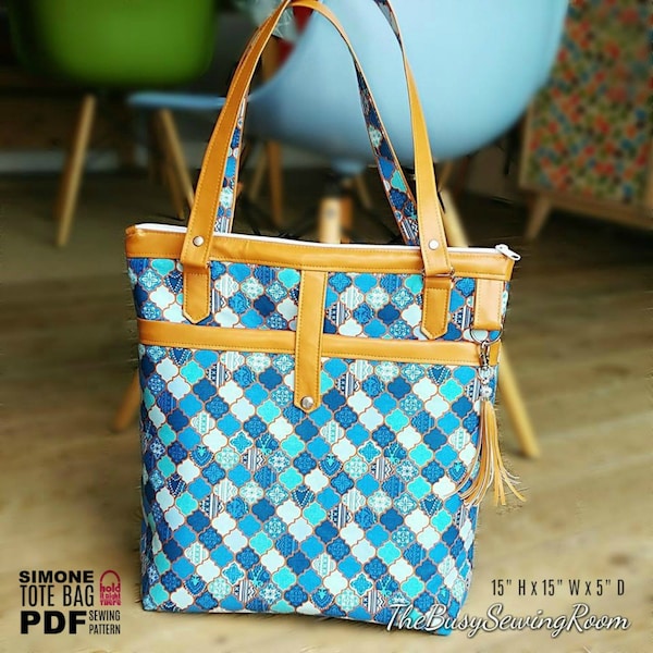 SIMONE TOTE  - PDF Sewing Pattern - by Hold it Right There - Tote Bag - Tech Pocket - Laptop - iPad - Zipper top - Crossbody