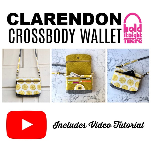 PDF SEWING PATTERN - with tutorial video - Clarendon Crossbody Wallet - Card Pockets - Zipper Flap Pockets -  Hold it Right There