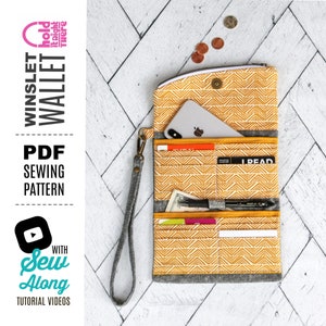 CARTEIRA WINSLET – Padrão de costura em PDF – Hold it Right There – Carteira de telefone tripla com 16 compartimentos para cartões e aba com zíper – Porta-canetas