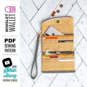 CARTEIRA WINSLET – Padrão de costura em PDF – Hold it Right There – Carteira de telefone tripla com 16 compartimentos para cartões e aba com zíper – Porta-canetas