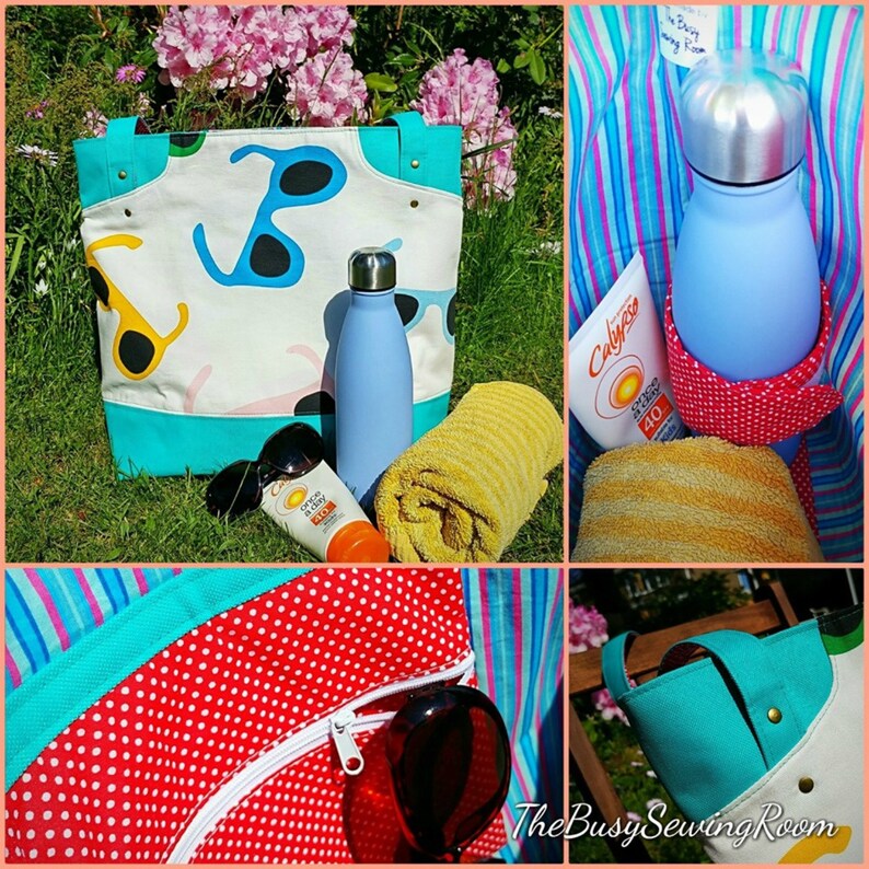May include: A turquoise and white tote bag with a sunglasses print. The bag is filled with a yellow towel, a blue water bottle, and a bottle of sunscreen. The bag has a red and white polka dot lining.