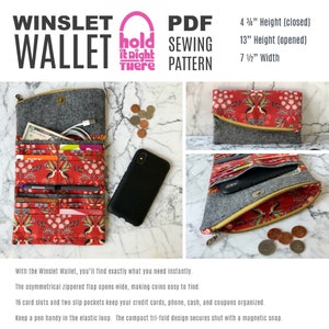 WINSLET WALLET PDF Sewing Pattern by Hold it Right There Tri-fold Phone Wallet with 16 Cards Slots and Zippered Flap Pen Holder image 2