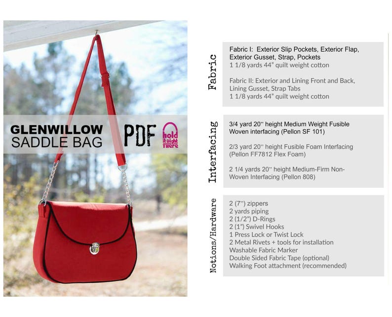 PDF SEWING PATTERN Glenwillow Saddle Bag Zipper Pockets Curved Slip Pockets Crossbody Piping Hold it Right There Sewing Pattern image 5