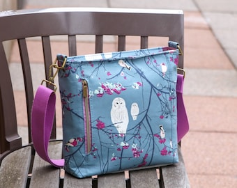 HANDMADE BAG - Original Ember Crossbody Design - Many Pockets - Zipper Closure - Adjustable Strap - Owl fabric by Katarina Roccella