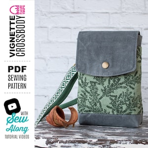 PADRÃO DE COSTURA EM PDF - com vídeo tutorial - Bolsa crossbody para telefone Vignette - Slots para cartão - Adequado para iniciantes - Arquivos svg - Segure-o ali mesmo