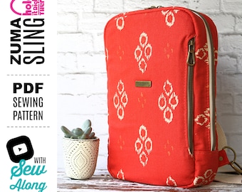 May include: Red canvas sling backpack with a white geometric pattern and two zippered pockets. The backpack has a handmade tag and a strap for carrying. The text "ZUMA SLING" is on the left side of the image. The text "PDF SEWING PATTERN" is below the backpack. The text "WITH Sew Along TUTORIAL VIDEOS" is below the pattern text.