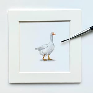 Witte gans miniatuurtekening - originele 2 x 2 cm tiny Bird Art aquarel tekenen met passe-partout 10 x 10 cm - unieke handgetekende kunst