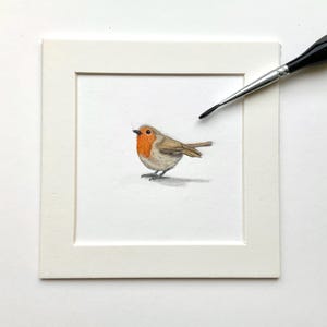 Robin bird tiny Drawing - originele 2 x 2 cm tiny Bird Art aquarel tekenen met passe-partout 10 x 10 cm - handgetekende kunst op hahnemule-papier