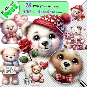 16 PNG Transparent Watercolor. Valentine&#39;s Day Clipart Pack, Cute Bear, Love Bears, Commercial Use, Digital Down., Card Making, Paper Craft