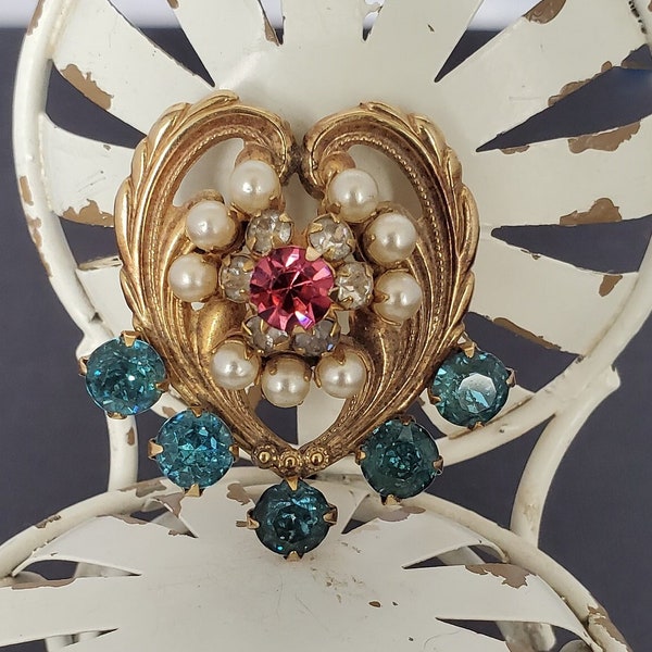 Vintage Heart Brooch Pendant Necklace 1/20 12K G.F. AMCO Round Faceted Pink, Clear & Blue Prong Set Rhinestones Faux Pearls Sweetheart Gift