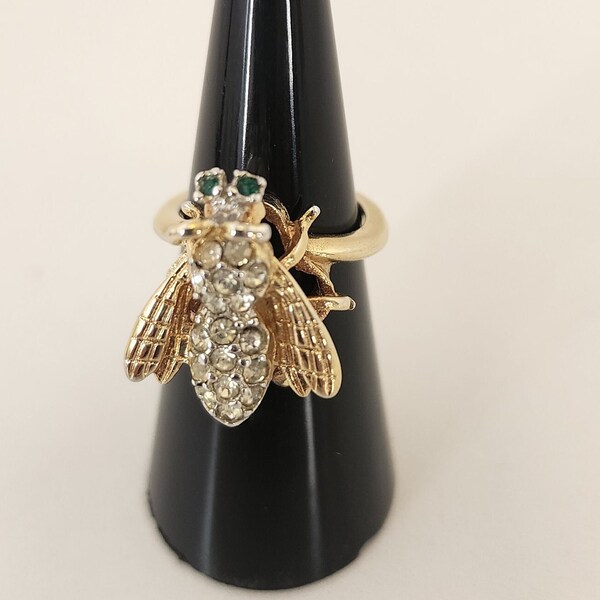 Vintage Ana Bekoach Clear Rhinestone Flying Insect Ring with Green Rhinestone Eyes Fashion Costume Jewelry 18K HGE Size 5