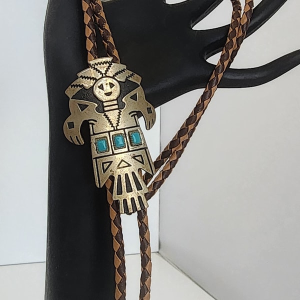 Vintage Unsigned Kachina Dancer Western Style Bolo Nickel Silver and Turquoise Tan Braided Leather Tie Unisex Southwestern Fashion Jewelry