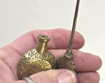 Vintage Brass Mini Pendant Perfume Bottle Necklace: Gold Tone Chain