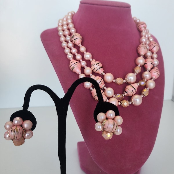 Vintage Pearlized Pink Triple Strand Graduated Beaded Necklace with Matching Clip On Earrings Signed Japan Mid Century Costume Jewelry Set