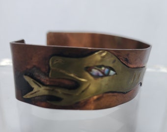Vintage Copper Adjustable Cuff Bracelet Brass Dragon/Snake with Abalone Shell Inlaid Eye Marked Mexico Boho Style Unisex Jewelry