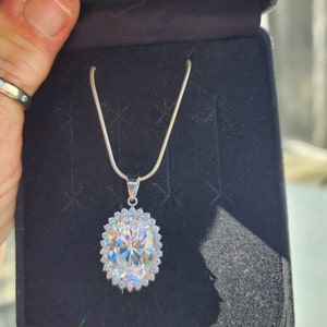 Vintage Designer Diamonique Sterling Silver Glamorous Oval Cubic Zirconia CZ with Halo Pendant Statement Necklace