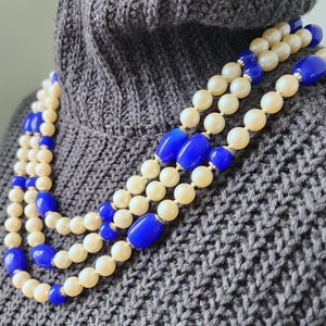 Individually Knotted Faux Pearl and Cobalt Blue Glass Bead Multi Strand Necklace