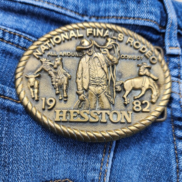 Vintage 1982 Hesston National Finals Rodeo Belt Buckle All Around Cowboy Stamped "Eighth Edition" Men's Accessories