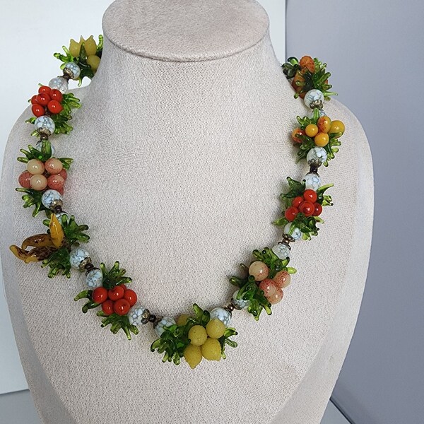 Vintage Art Deco Colorful Hand Blown Venetian Glass Fruit Salad Necklace 1930s Hand Crafted Multi Color Chunky Fashion Costume Jewelry